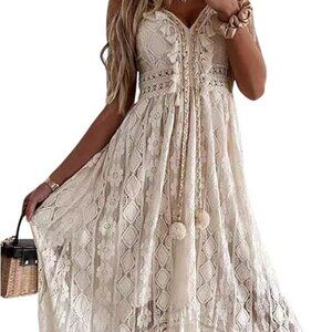 NWT CUPSHE Women's Large Summer Dresses Sleeveless Lace Tassel Cream strapless